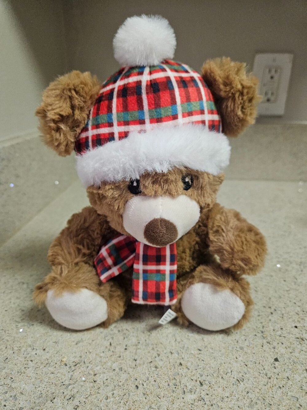 American Greetings Holiday Brown Teddy Bear Plush Plaid Hat & Scarf Christmas 9"